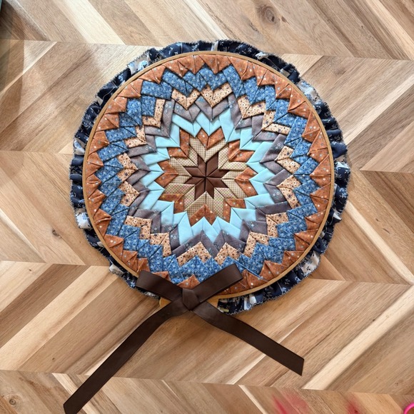Handmade Other - VTG Handmade Folded Fabric Star Quilted Wall Hanging Blue Brown 16"  Cottagecore